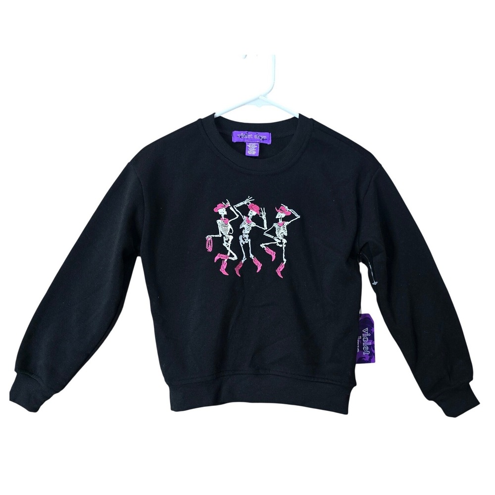 Violet Skye Kids Black Skeleton Cowgirl Sweatshirt Pink Boots Hat Large 10/12